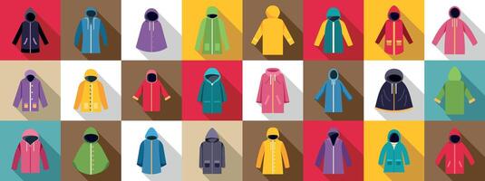 Raincoat icons set. Large set of colorful raincoats protecting from rain and wind vector