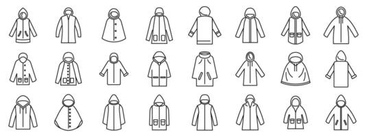 Raincoat icons set. Large set of different raincoats protecting from rain in line style vector