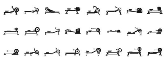 Rowing Machine icons set. Set of different rowing machines isolated on white background, for gym and home exercising vector
