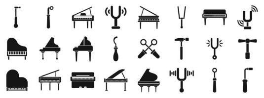 Piano tuner icons set. Piano tuner working on grand pianos with tuning fork and professional tools vector