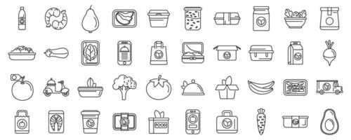 Healthy meal delivery icons set. Delivery food service ordering online using smartphone app icons set vector