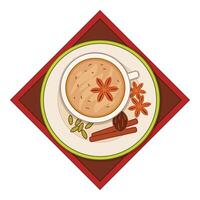 Cup of masala chai tea with spices on a plate vector