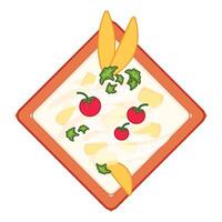 Delicious creamy soup with potatoes, tomatoes and herbs being served in square bowl vector
