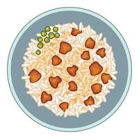 Steaming plate of rice topped with vegetables and meat vector