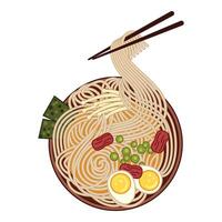 Chopsticks lifting noodles from bowl of ramen with eggs and vegetables vector