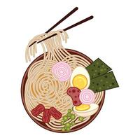 Chopsticks picking up noodles from bowl of ramen with eggs, meat and seaweed vector