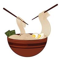 Chopsticks lifting noodles from bowl of ramen with eggs and seaweed vector