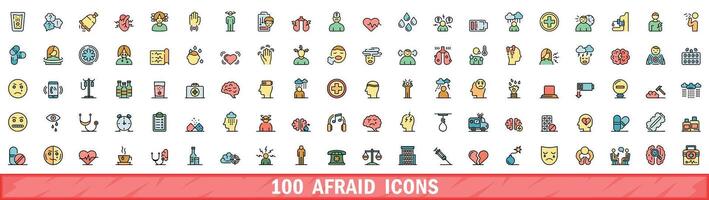100 afraid icons set, color line style vector