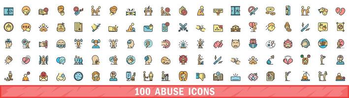 100 abuse icons set, color line style vector