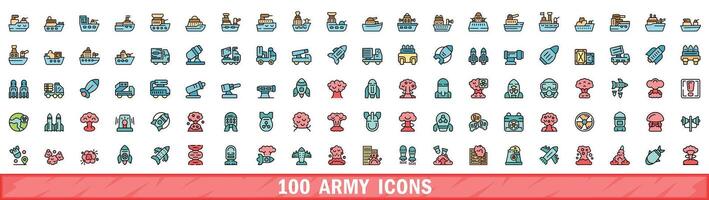 100 army icons set, color line style vector