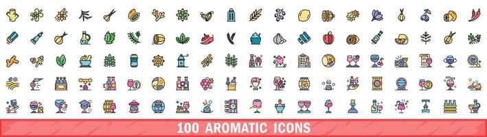 100 aromatic icons set, color line style vector