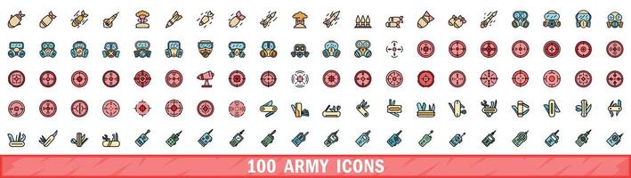 100 army icons set, color line style vector