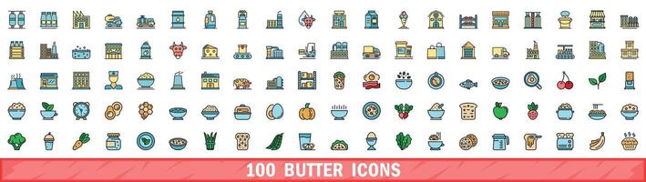 100 butter icons set, color line style vector