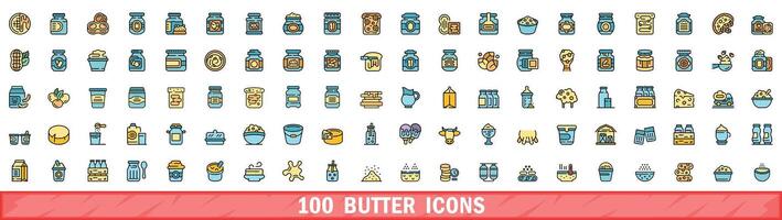100 butter icons set, color line style vector