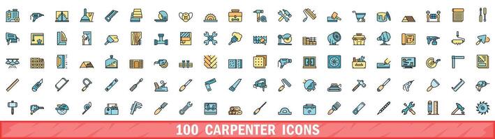 100 carpenter icons set, color line style vector