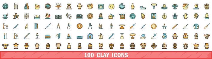 100 clay icons set, color line style vector
