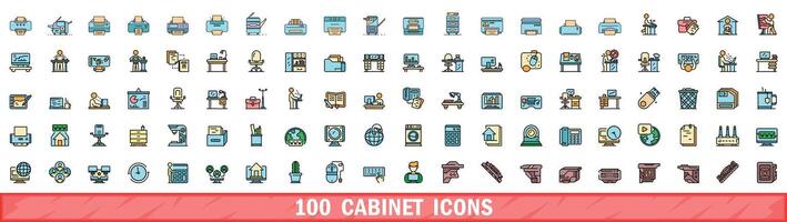 100 cabinet icons set, color line style vector