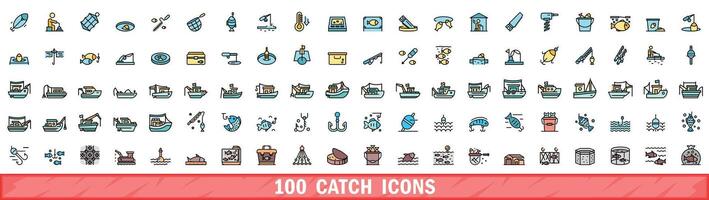 100 catch icons set, color line style vector