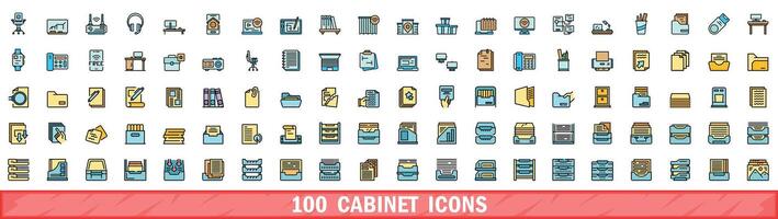 100 cabinet icons set, color line style vector