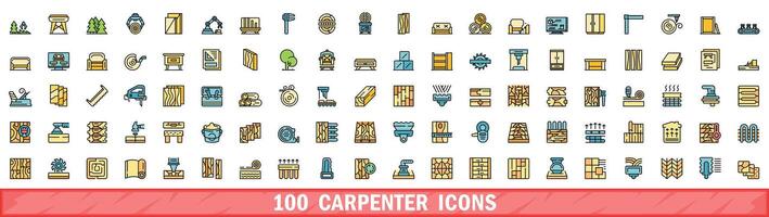 100 carpenter icons set, color line style vector
