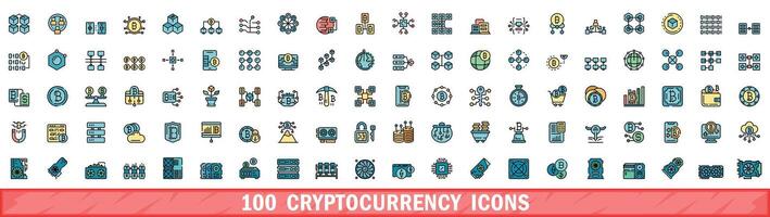 100 cryptocurrency icons set, color line style vector
