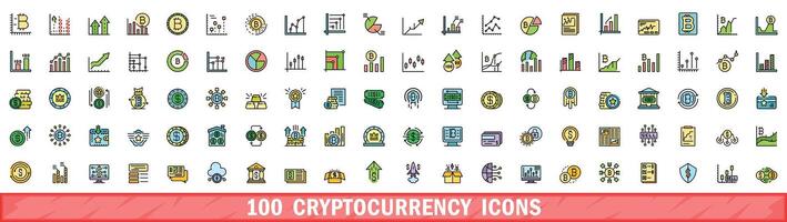 100 cryptocurrency icons set, color line style vector
