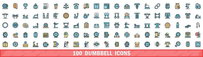 100 dumbbell icons set, color line style vector