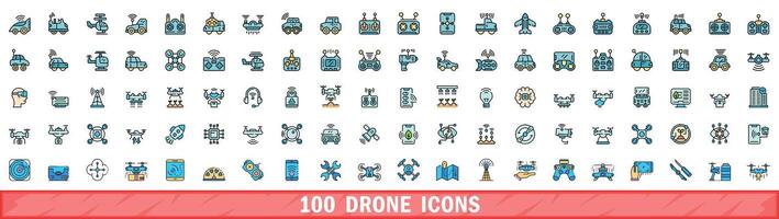 100 drone icons set, color line style vector