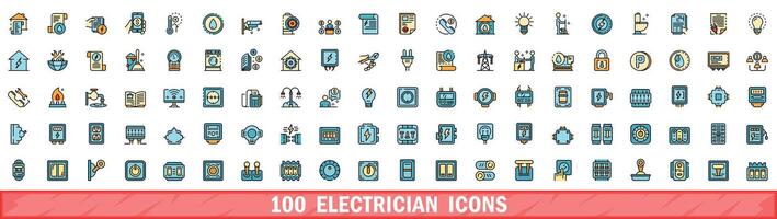 100 electrician icons set, color line style vector