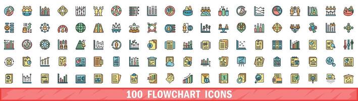 100 flowchart icons set, color line style vector