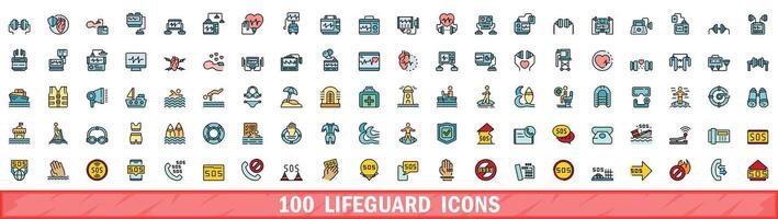 100 lifeguard icons set, color line style vector