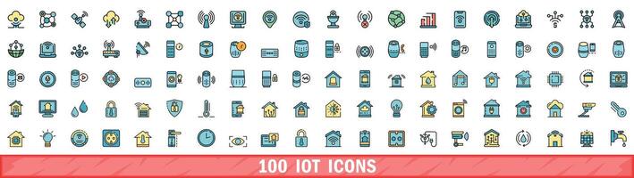 100 iot icons set, color line style vector