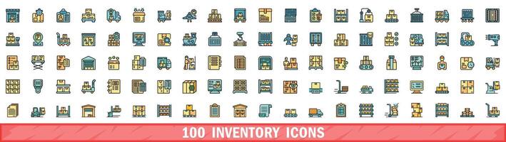 100 inventory icons set, color line style vector