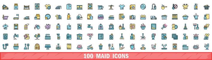 100 maid icons set, color line style vector