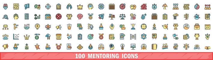 100 mentoring icons set, color line style vector