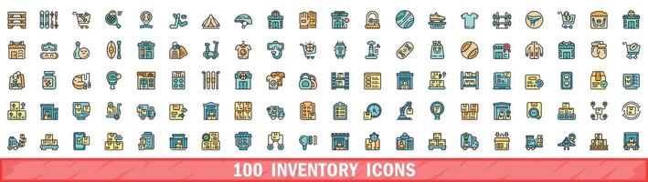 100 inventory icons set, color line style vector