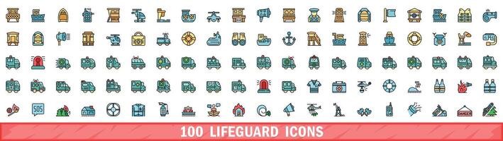 100 lifeguard icons set, color line style vector