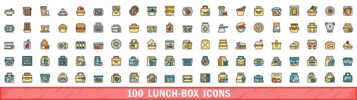 100 lunch-box icons set, color line style vector