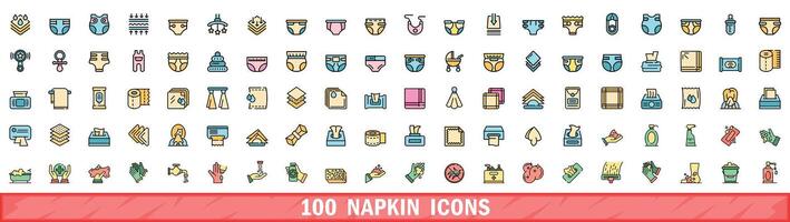 100 napkin icons set, color line style vector