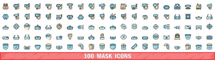 100 mask icons set, color line style vector