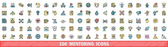100 mentoring icons set, color line style vector