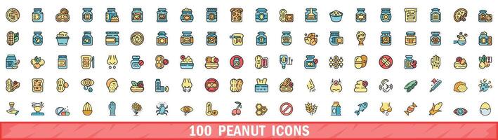 100 peanut icons set, color line style vector