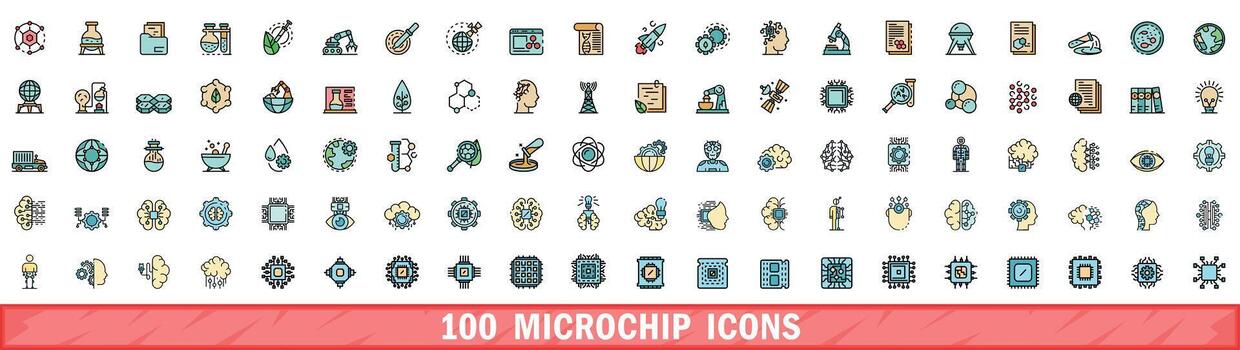 100 microchip icons set, color line style vector