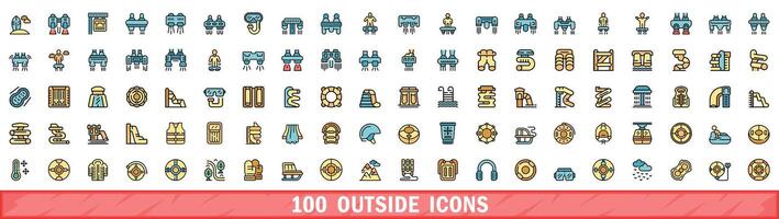100 outside icons set, color line style vector
