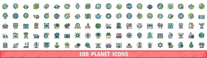 100 planet icons set, color line style vector