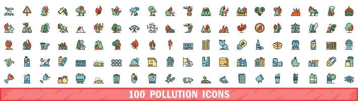 100 pollution icons set, color line style vector