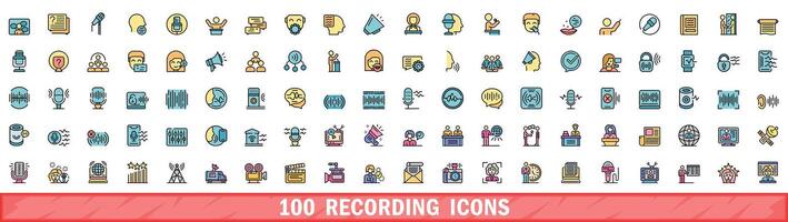 100 recording icons set, color line style vector