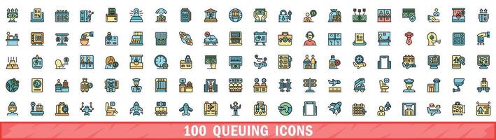 100 queuing icons set, color line style vector