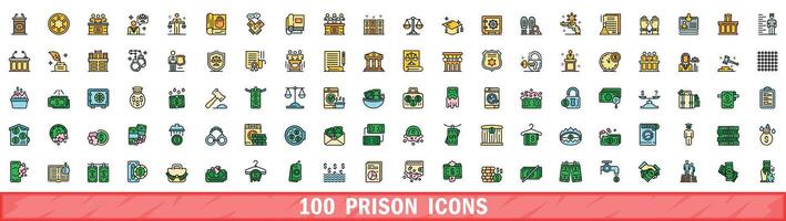 100 prison icons set, color line style vector