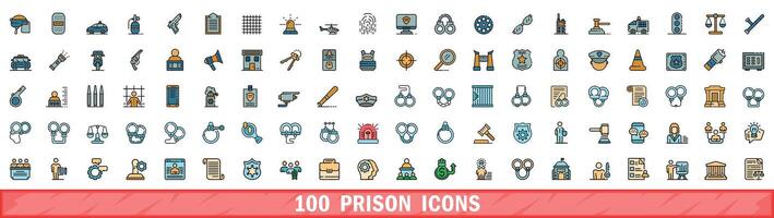 100 prison icons set, color line style vector